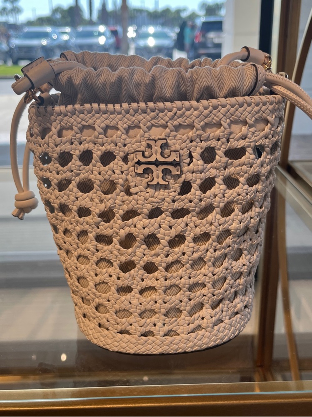 Tory Burch Blush Woven Drawstring Bucket Bag